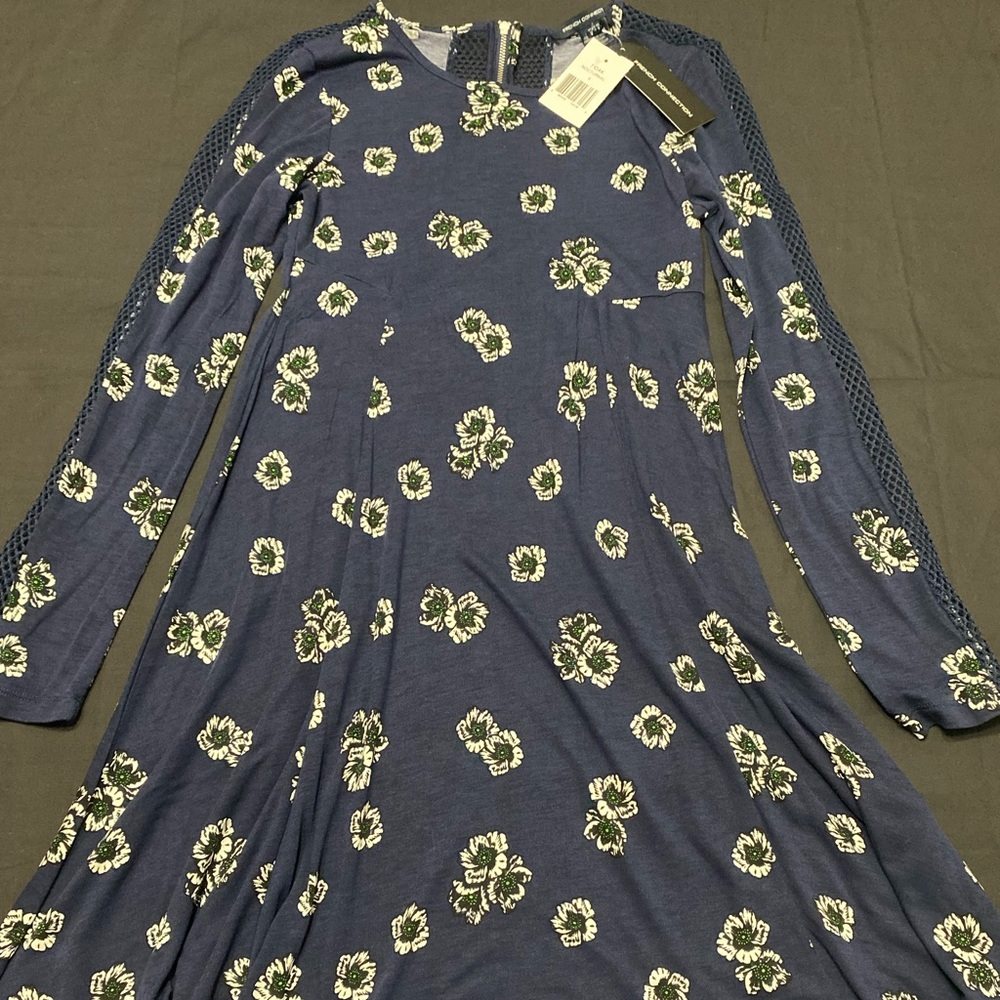 French Connection womens navy floral jersey flared dress size 6